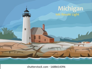 Isle Royale Light, lighthouse within Isle Royale National Park, in Keweenaw County, northern Michigan, United State, vector illustration