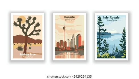 Isle Royale, National Park. Jakarta skyline landmark. Joshua Tree, National Park - Vintage travel poster. Vector illustration. High quality prints