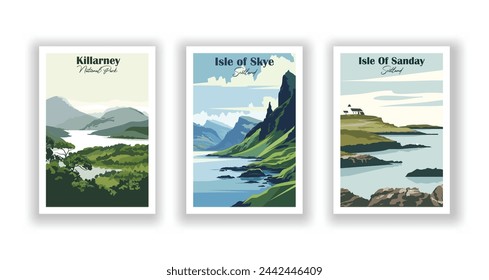 Isla De Sanday, Escocia. Isla de Skye, Escocia. Killarney, Parque Nacional - Set de 3 Carteles de Viajes Vintage. Ilustración vectorial. Impresiones de alta calidad