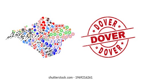 Isle of Wight map mosaic and distress Dover red round stamp imitation. Dover stamp uses vector lines and arcs. Isle of Wight map mosaic includes markers, houses, screwdrivers, suns, stars,