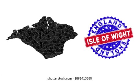 Isle of Wight map polygonal mesh with filled triangles, and unclean bicolor seal. Triangle mosaic Isle of Wight map with mesh vector model, triangles have variable sizes, and positions,