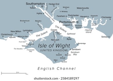 Isle of Wight and surroundings gray political map. Island, county and unitary authority in the English Channel across The Solent off the coast of Hampshire. Largest island in England. Illustration.