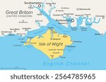 Isle of Wight and surroundings political map. Island, county and unitary authority in the English Channel across the Solent off the coast of Hampshire. Largest and 2nd-most populous island in England.