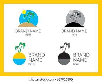 Islet with palm trees and sun for logo, color and black-and-white execution
