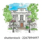 Islington Town Hall, street scene, municipal building, London, trees, wedding registry office. Watercolor sketch illustration. Isolated vector.