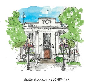 Islington Town Hall, street scene, municipal building, London, trees, wedding registry office. Watercolor sketch illustration. Isolated vector.