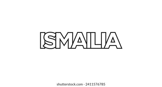 Ismailia en el emblema de Egipto para la prensa y la web. El diseño presenta estilo geométrico, ilustración vectorial con tipografía audaz en fuente moderna. Letras gráficas de eslóganes aisladas en fondo blanco.