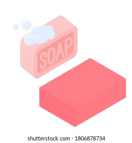 ismetric pink soap and sponge isolated on white background. vector illustration of soap with soap foam bubbles. cleanliness concept icons