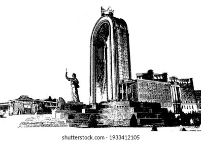 Ismoil Somoni Monument Dushanbe, Tajikistan. Sculpture made of colored metal, 13 meters high State coat of arms in hands of Somoni