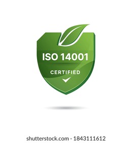 Diseño del logotipo de la placa certificada ISO 14001. Ilustración vectorial de hoja verde moderna verificada estándar de certificación.