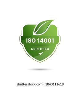 ISO 14001 Certified badge logo design. Certification standard verified modern green leaf vector illustration.