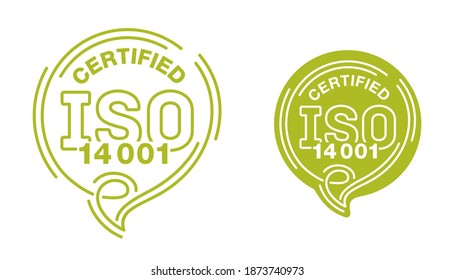 ISO 14001 certified emblem - environmental management system international standard approved stamp - green isolated vector icon in thin line and pin form