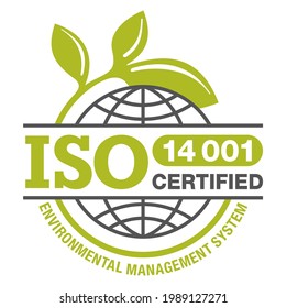 ISO 14001 certified emblem with globe and branch - environmental management system international standard approved stamp - green isolated vector icon