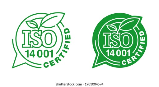 ISO 14001 certified flat badge for labeling - environmental management system international standard approved stamp - green isolated vector icon in thin line and pin form