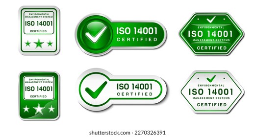 ISO 14001 Certified Label Stamp. Environmental management system Sign. With a check, and star icon. On gradient green and white color. Premium and luxury emblem vector template