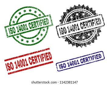 ISO 14001 CERTIFIED seal prints with distress texture. Black, green,red,blue vector rubber prints of ISO 14001 CERTIFIED title with dirty texture. Rubber seals with round, rectangle, medallion shapes.