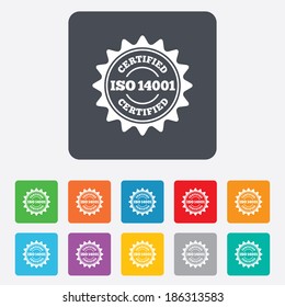 ISO 14001 certified sign icon. Certification star stamp. Rounded squares 11 buttons. Vector