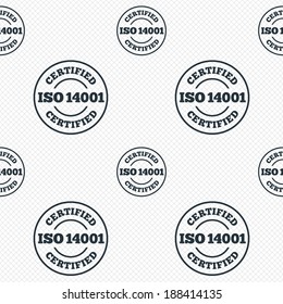 ISO 14001 certified sign icon. Certification stamp. Seamless grid lines texture. Cells repeating pattern. White texture background. Vector