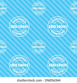 ISO 14001 certified sign icon. Certification stamp. Seamless diagonal lines texture. Blue grunge texture background. Vector
