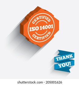 ISO 14001 certified sign icon. Certification stamp. White icon on orange 3D piece of wall. Carved in stone with long flat shadow. Vector