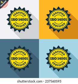 ISO 14001 certified sign icon. Certification star stamp. Four squares. Colored Flat design buttons. Vector