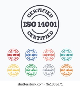 ISO 14001 certified sign icon. Certification stamp. Colored flat icons on white background.
