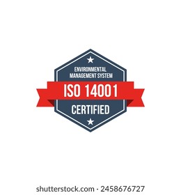 ISO 14001 environmental management systems certified vector label, standard certificate badge, audit verification icon