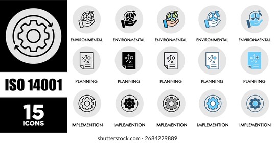 ISO 14001 icon set with various styles and colors of corporate sustainability performance for investment screening