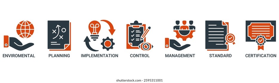 ISO 14001 icon set. Vector illustration concept with icon of environmental, planning, control, management, standard and certification icons. Solid color vector symbol background.