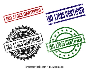 ISO 17025 CERTIFIED seal prints with corroded surface. Black, green,red,blue vector rubber prints of ISO 17025 CERTIFIED text with corroded texture. Rubber seals with circle, rectangle, svg
