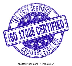 ISO 17025 CERTIFIED stamp seal watermark with grunge texture. Designed with rounded rectangles and circles. Blue vector rubber print of ISO 17025 CERTIFIED title with retro texture. svg