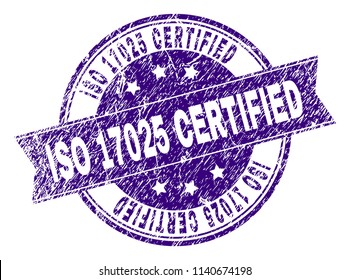 ISO 17025 CERTIFIED stamp seal imprint with grunge texture. Designed with ribbon and circles. Violet vector rubber print of ISO 17025 CERTIFIED caption with grunge texture. svg