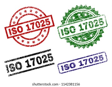 ISO 17025 seal prints with corroded texture. Black, green,red,blue vector rubber prints of ISO 17025 tag with dust texture. Rubber seals with round, rectangle, medal shapes. svg