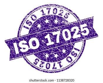 ISO 17025 stamp seal watermark with distress texture. Designed with ribbon and circles. Violet vector rubber print of ISO 17025 caption with dirty texture. svg