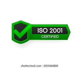 Banner de vector verde certificado ISO 2001. Etiqueta de certificación plana aislada en fondo blanco. Concepto de seguridad alimentaria. Ilustración vectorial.