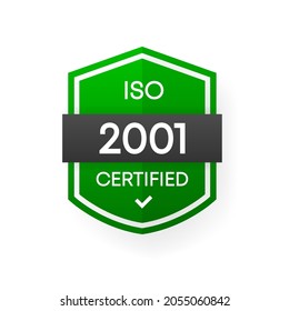 Banner de vector verde certificado ISO 2001. Etiqueta de certificación plana aislada en fondo blanco. Concepto de seguridad alimentaria. Ilustración vectorial.