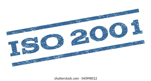 ISO 2001 watermark stamp. Text caption between parallel lines with grunge design style. Rubber seal stamp with unclean texture. Vector cobalt blue color ink imprint on a white background.