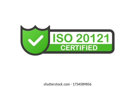 ISO 20121 certified green badge. Flat design stamp isolated on white background. Vector illustration.