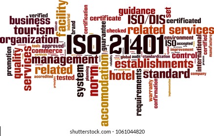 ISO 21401  word cloud concept. Vector illustration