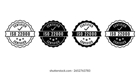 Ícones de certificação ISO 22000 Selos de modelo de design de vetor preto e branco 