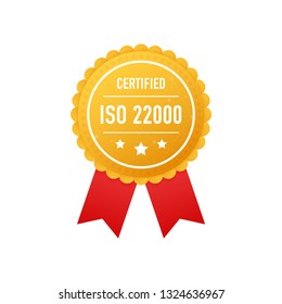 ISO 22000 certified golden label on white background. Vector stock illustration.