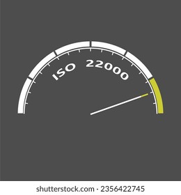 ISO 22000 food standard assurance control certification. Instrument scale with arrow. Colorful infographic gauge element.
