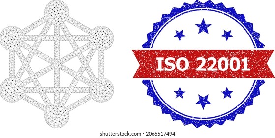 ISO 22001 grunge seal, and network icon mesh structure. Red and blue bicolor stamp seal has ISO 22001 caption inside ribbon and rosette. Abstract 2d mesh network, created from flat mesh.