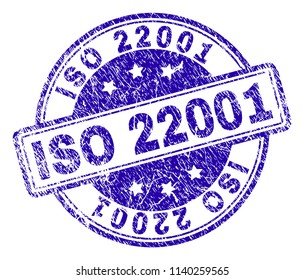 ISO 22001 stamp seal watermark with grunge texture. Designed with rounded rectangles and circles. Blue vector rubber print of ISO 22001 caption with dirty texture.