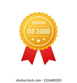 ISO 26000 certified golden label on white background. Vector stock illustration.