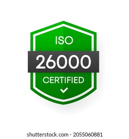 ISO 26000 Certified green vector banner. Flat certification label isolated on white background. Food safety concept. Vector illustration.