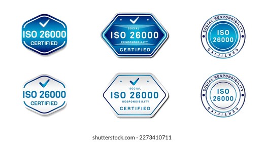 ISO 26000 Certified Label Stamp. Guidance on social responsibility sign. With check icon. On gradient blue and white color. Premium and luxury emblem vector template