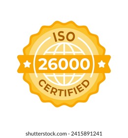 Diseño de distintivos vectores certificados ISO 26000 - Sello gráfico que muestra los estándares de responsabilidad social y prácticas de negocio éticas