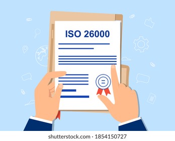 ISO 26000 and social responsibility concept. Standards business compliance to international organization hand audit check document. Cartoon flat vector illustration