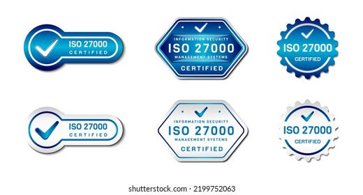 ISO 27000 Certified Label Stamp. Information Security Management Systems Sign. With check icon. On gradient blue and white color. Premium and luxury emblem vector template